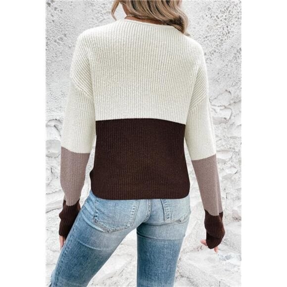Khaki Colorblock Chunky Knit Pullover Sweater V Neck Twisted Knot Sweater Top - Picture 5 of 6